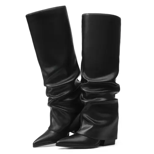 EROCALLI Women's Fold Over Boots Slouch Knee High Boots for Women Chunky heels Heel Pointed Toe Tall Boot, Wide Calf, Pull-on Covered chunky Heel Patent Leather Knee High Boots,sohochic