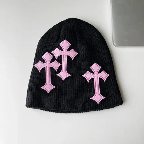 Sopula Studio Men's Gothic Cross-Design Acrylic Beanie - 21st Century Style Casual Embroidered Hats for Women, Gothic Streetwear Hat Suitable for Multiple Seasons, Acrylic Hat,sohochic