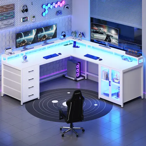Sedeta 109-Inch L-Shaped Modern Wood-Metal Gaming Desk - Home Office Desk with 4-Drawer Storage Display Cabinet, 2 Monitor Risers, CPU Stand, LED Lights, Power Outlet for Gamers, Desks For Gaming
