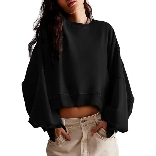 Womens Casual Sweatshirt Long Sleeve Tops Crewneck Loose Fit Tee Pullover Crop Tshirt Side Slit Fall Fashion 2025,back to school,back to school shopping,clothes for back to school,first day of school outfits,sohochic