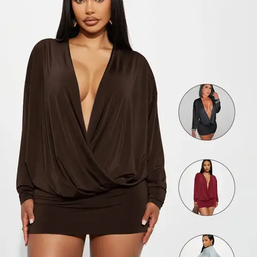 Women's Street Style Y2K Deep V Batwing Sleeve Dress, Long Sleeve Spring & Fall Fashion, Trendy Ladies for Casual Wear, Casual Comfy Chic, Casual Align Dress