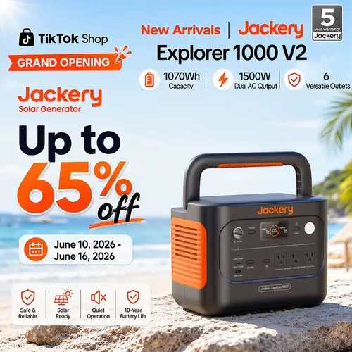 The Jackery Explorer 1000 v2 portable power station features a 1070Wh lithium iron phosphate battery, 1500W output power, and 1-hour fast charging (a 5-meter extension cable is included free of charge).