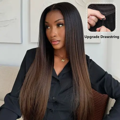 UNice Female Glueless Human Hair Wig, Pre-Everything Ombre Chestnut Brown Yaki Straight, 7x5/13x4 HD Lace Frontal, Natural Scalp & Hairline, Heat Resistant, Put-On & Go, Beginner-Friendly Everyday Summer Wig,sohochic