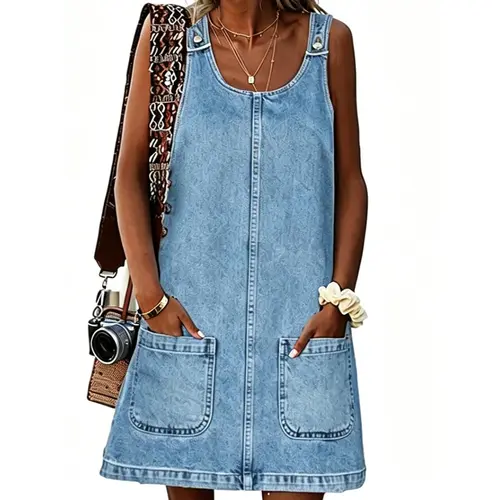 Women's Sleeveless Crew Neck Vintage Loose Fit Denim Dress - Casual Everyday Wear, Sleeveless Cool, Above-The-Knee, With Pockets, Easy For Casual Outings (Summer Denim Dresses For Women)
