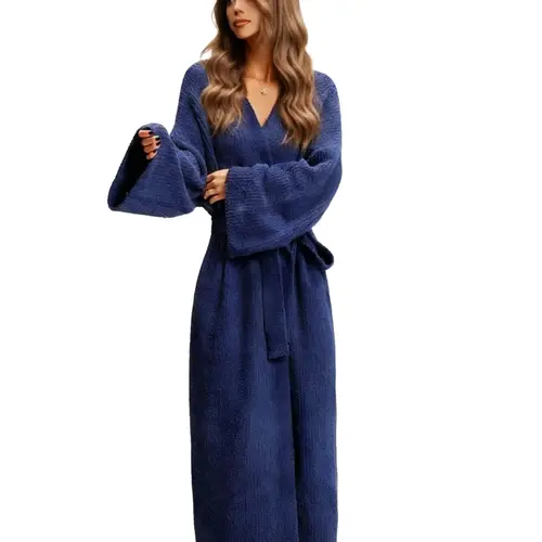 【COZY Soft Plush Feel】Women's Solid Color Thickened  Thermal Lined Long Sleeve Drop Shoulder Bathrobe, Oversize Loose Casual Soft Comfortable Thermal Warm Pocket Belted V Neck Dressing Gown for Women, Ladies Sleepwear for Winter