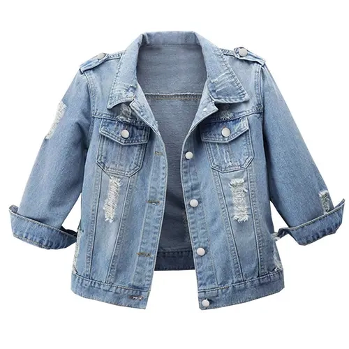 Aswulk Women's 3/4 Sleeve Casual Distress Slim Crop Denim Jean Trucker Jacket Fit Womenswear