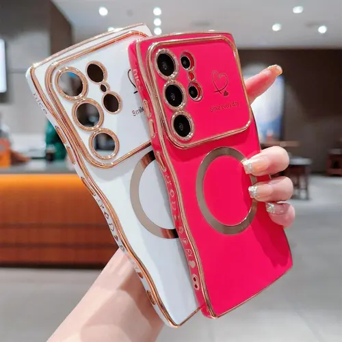 OREKROY Magnetic Casing for Samsung S26-S25 Ultra Plus, S24-S22 Smartphones - Soft Wave Frame, Curly Shape, Cute Love Heart Plating, Raised Camera Lens Protection, MagSafe-Compatible, Shockproof Handheld Cellphone Devices Cover for Women (Free Shipping),