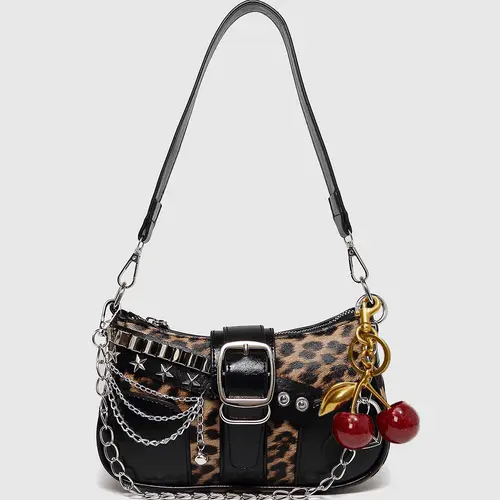 Women's PU Leather Shoulder Bag, Vintage Leopard Print Colorblock Crescent Clutch, Y2K Style Chain Decorated Crossbody Bag, Casual Trendy Bag