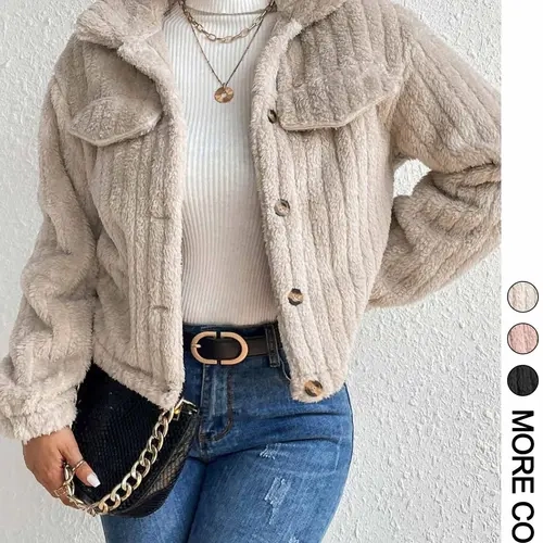 Women's Plush Coat with Front Button Closure, Casual Loose-Fit Outerwear for Fall & Winter Daily Wear, Medium Weight Fabric