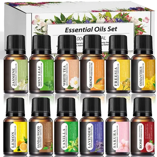 Essential Oils Variety Set - 5mL Bottles (6 Pcs/12 Pcs Options) with Soothing Vanilla, Mint Leaf, White Tea, Lavender, Lemon, Orange, Osmanthus, Sakura, Rose, Freesia, Sandalwood, Jasmine Scents - Home Fragrance for Diffuser, Hair Care, Skin Care
