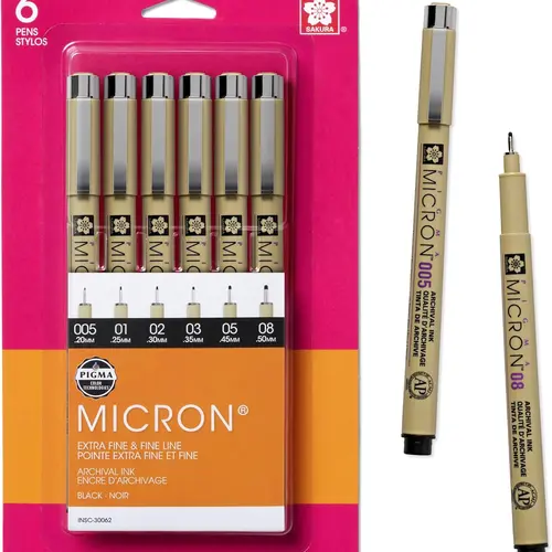 SAKURA Pigma Micron Fineliner Pens 6-Pack - Archival Ink, Fine Point Artist Quality Tools for Writing, Drawing - Office Stationery for Bullet Journaling (Black), Black Writing Pens & Refills