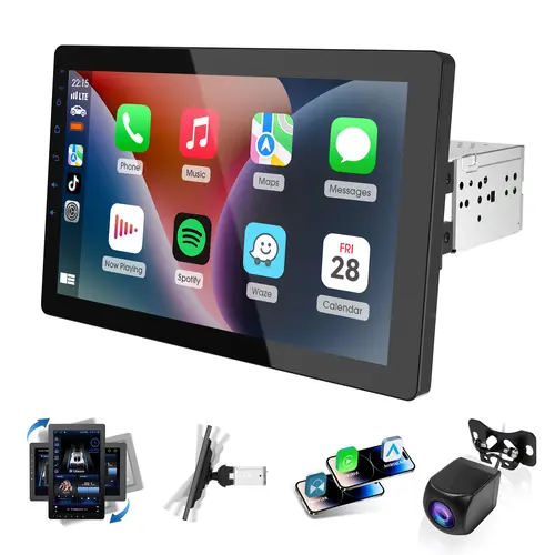 Haudio 10.1" Single Din Car Stereo - Rotatable Wireless CarPlay Screen, Android Auto, 1080P Rear Camera, Touch Screen Mirror Link, Bluetooth Music, AUX, FM, USB, Sunscreen, iOS Compatibility, 12V Power for Everyday Use toolupgrade