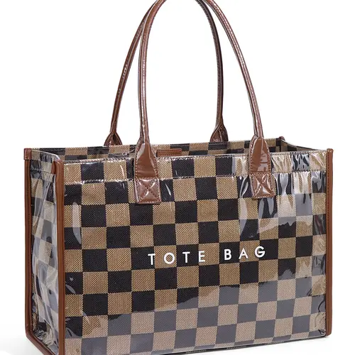 Women's Retro Checkered Letter Print Casual Tote Bag, Large Capacity Transparent Commuter Handbag, Versatile Daily Use Shoulder Bag, Fashionable Patterned Bag, Vintage Trendy Tote, Plaid Tote Bag, Casual Everyday Bag