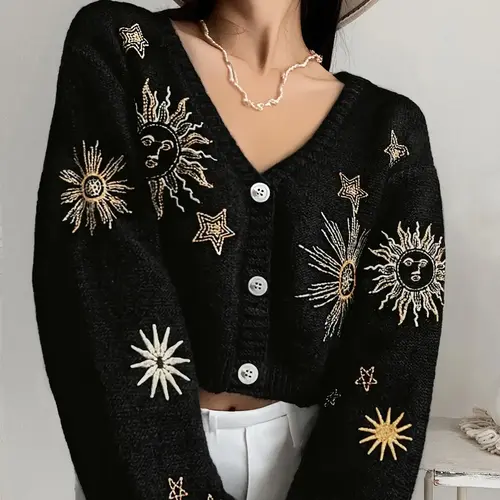 Women's V Neck Single Button Sun Star Embroidery Knit Sweater, Loose-Fitting Long Sleeve Casual Cardigan Knitwear for Fall & Winter Style