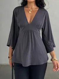 Women's V Neck Patchwork Ruched Batwing Sleeve a Line Loose Fit Fall Winter Y2K Casual Basic Tee, Comfortable Long Sleeve Top Blouses Shirts Tops, Casual Daily Tops