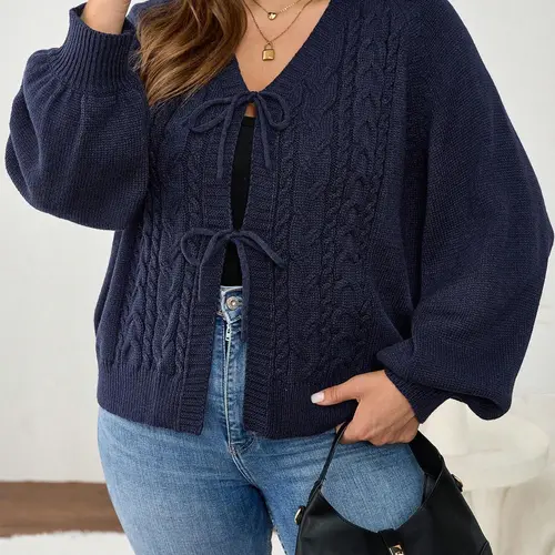 Plus Size Women's Blue V Neck Knit Cardigan Knitwear, Casual Long Sleeve Pullover, Fall & Winter Fashion, Comfortable Plain Design