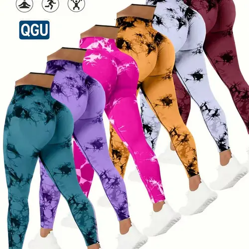 QGU Women’s 6-Pack Knit High-Waisted Tummy Control Yoga Pants - Plus Size Fashion, Sporty Chic, High Elasticity, Opaque Knit Keeps Legs Covered, Stretchy Form-Fitting Tie-Dye Summer Activewear, Gym Fit Peach-Lift Cycling Bottoms (Multiple Colors),sohochic