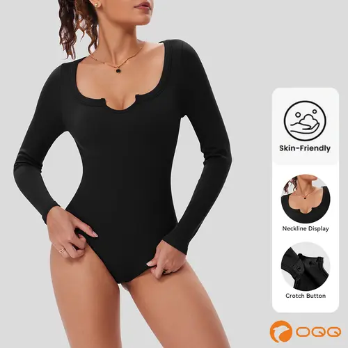 OQQ Women's Stretchy Ribbed Bodysuit, Basic Fitted Longsleeve Top with Notched U-Neck for Casual Layering, Longsleeves, Body-Hugging Fitted Bodysuits, Body Hug Fit