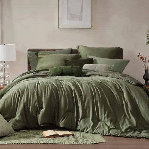 【Back to School】Monbix Queen Comforter Set - 7 Pieces Cationic Dyeing Olive Green Bed in a Bag Comforter Sets with Double Sided Storage Pockets, Sheets, Pillowcases & Shams, microfiber,Reversible Bedding Comforters Sets