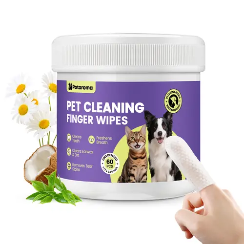 Potaroma Pet Finger Wipes & Toothbrushes Kit for Dogs & Cats - 60 Count, No Rinse, Witch Hazel Chamomile Coconut Oil Formula, Soft Disposable, Ear Cleaning, Gentle Safe, Portable Travel Size Grooming Supplies