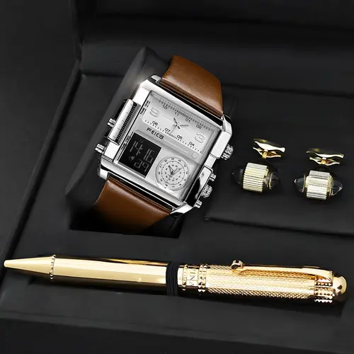 FEICE Men's 50mm Oversized Square Dial Wristwatch - Digital Quartz Watch, Calf Skin Leather Strap, Luminous Triple-Movements, Water-Resistant Fashionable Digital Watch, Dad Gift, Mens Gifts, Anniversary Gifts For Him