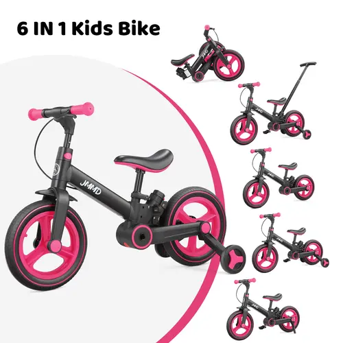 JMMD 6-in-1 Convertible Children's Bicycle - Multifunction Toddler Toy Balance Bike for 18-60 Months Boys & Girls with Adjustable Seat, Push Handle, Pedals, Training Wheels, Brakes, Kickstand, Steel Frame, Outdoor Riding Gift,sohochic