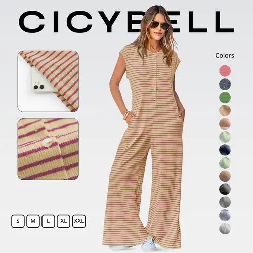 Cicy Bell Womens Casual Striped Jumpsuits Summer Cap Sleeve Wide Leg Jumper Romper Button Down Travel Beach bodysuit
