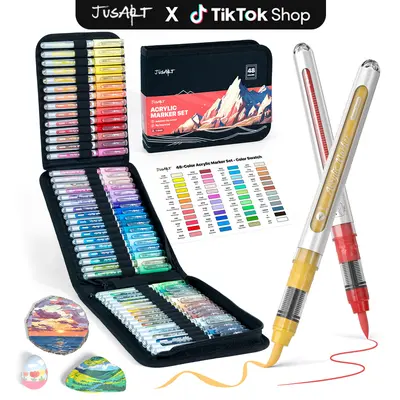 【Back to School Haul Supplies】JusArt 48-Color Acrylic Markers Set with Painting Bag, Waterproof Flexible Opaque Pen Tip, Premium Colorful Art Supplies for Various Surfaces, Outline Markers Drawing & Painting Supplies, Pen Tip Drawing & Painting Supplies