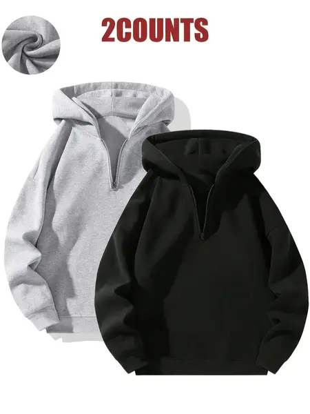 Men's 1/4-Zip Solid Color Drop-Shoulder Regular Fit Long-Sleeve Sweatshirt - Zip-Front Drop-Shoulder Hoodie for Autumn Winter Daily Casual Fashion Plain Simple Tops, Zip-Front Men's Hoodies, Drop-Shoulder Men's Hoodies