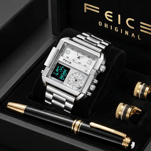 FEICE Men's Quartz Digital Watch - Square Face Adds Modern Sharpness, Luminous Dial Glows in Low Light, Waterproof, Dual Display, Metal Strap, Stopwatch for Quick Timing, Multifunctional Luxury Fashion Watch for Business & Casual Use