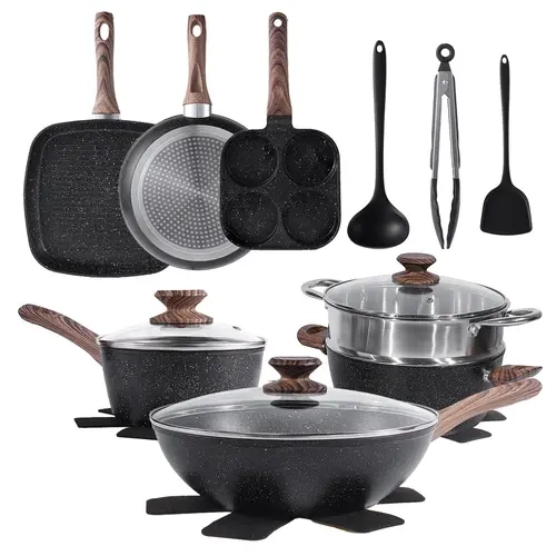 17-Piece Aluminum Nonstick Cookware Set - Non-Toxic Coating, Stay-Cool Handles, Pots and Pans Set for Kitchen Cooking