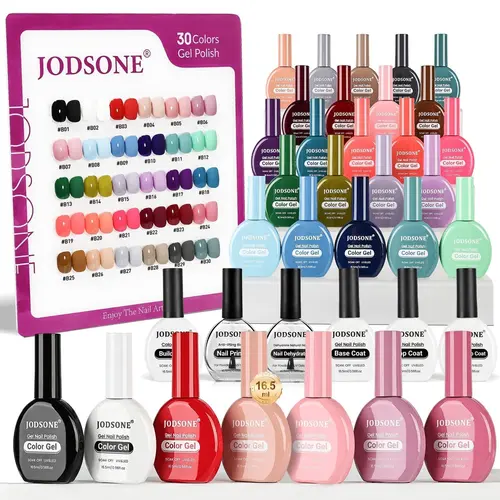 JODSONE 30-Color Gel Nail Polish Set (Same Color Bottles) with 6 Functional Polishes, Smooth UV Gel, Top & Base Coats, Nail Tech Supplies for Easy Art