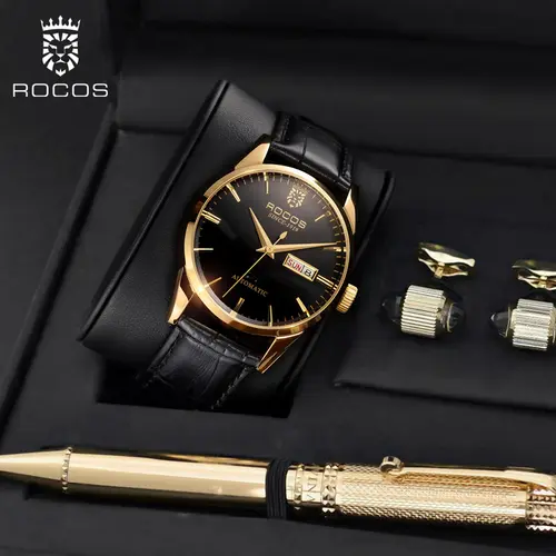 ROCOSJEWE Men's Automatic Skeleton Exquisite Fashion Wristwatch, High Quality Luxury Leather Strap, Day-Date Ready Display, Waterproof Durable for Daily Use Dress Watch, Elegant Birthday Gift for Men