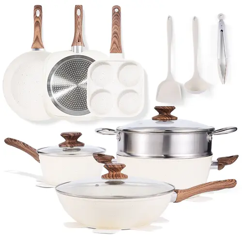 Sweetcrispy 17-Piece Stainless Steel Nonstick Cookware Set - Durable Aluminum, Sturdy Lightweight, Coated, Anti-Adhesive, Round/Square, Food-Safe, Non-Toxic, Detachable Induction Cookware with Stay-Cool Handles for Home Cooking