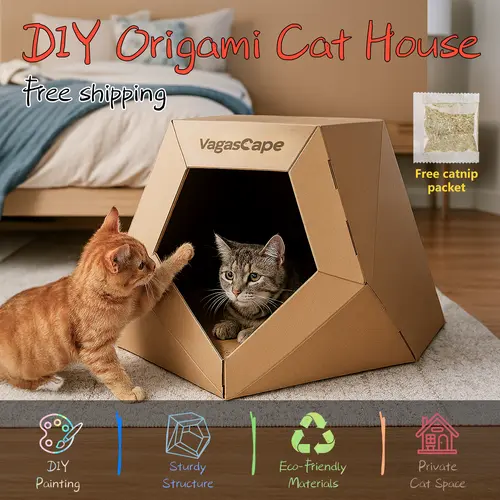 Vagascape DIY Origami Hand-Painted Cardboard Cat House, Scratch-Resistant Chew-Resistant Kraft Paper, Foldable Detachable Easy-Assembly Pet House with Foldable Bed, Ideal Gift for Cats,sohochic
