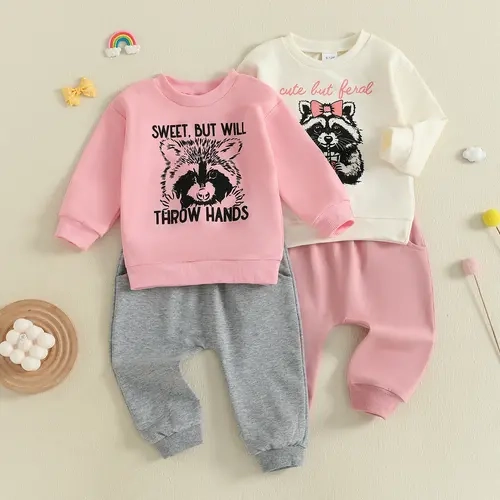 Toddler Girl's Cotton Blend Cute Toddler Style Cozy 2-Piece Outfit Set - Raccoon Print Letter Design, Long Sleeve Crew Neck Pullover, Elastane Pants, Baby Girl Clothes for 12-18 Months, 2-3 Years,sohochic