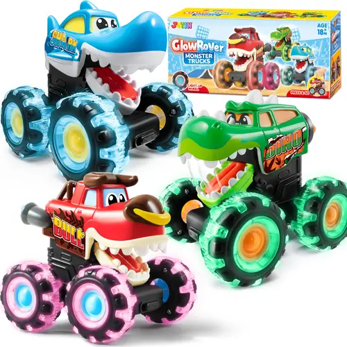 3 Pack Monster Truck Toy, Motion Activated Light-Up Cars ,Garbage Truck , Press & Go Cars for Boys Girls, Christmas Gifts for Kids Outdoor Play Baby Toy Present,