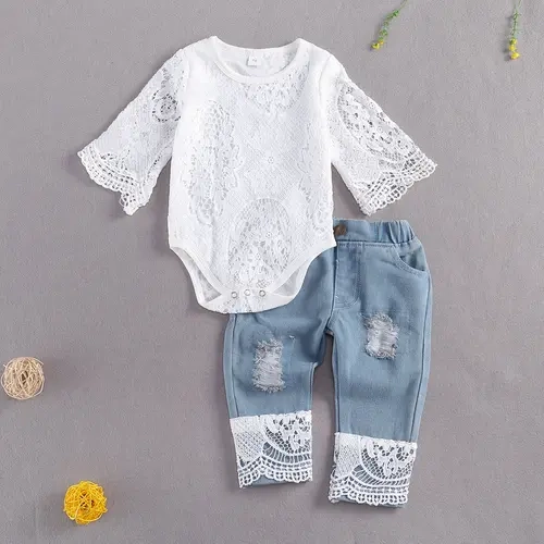Baby Girls' 2-Piece Outfits - Hollow-Out Lace Long Sleeve Snap Button Romper, Ripped Patchwork Cotton Blend Jeans, Casual Clothes, Infant Gift Set,sohochic