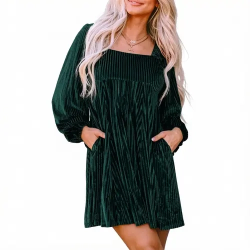 Asvivid Women's Tie Back Square Neck Velvet Babydoll Dress with Pockets for Spring Fall Fashion Long Sleeve Sweet Holiday Dresses Longsleeves Lady Womenswear Casual Wear  #sohochic #backtoschool
