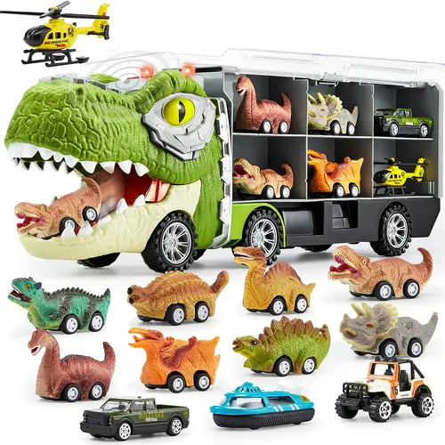 Dinosaur Transport Carrier Truck Set with 12 Pull Back Cars 13 in 1, Small Cars Set, Birthday Gifts Toys for 3 4 5+ Year Old Boy, Transport Carrier Truck / Die-Cast Metal Toy Cars for Toddlers 3-4 Years