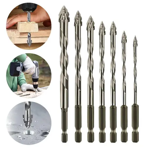 7-Count Masonry Drill Bit Set - Industrial Strength Carbide-Tipped 4-Flute Flute Drill Bits, High-Strength Durable Titanium Coating, Suitable for Tiles, Glass, Concrete