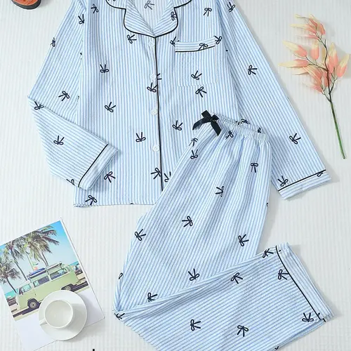 Women's Striped Bow Print Long Sleeve Pajama Set, Sweet Cute Button Front Top and Pants, Casual Home Wear Loungewear for All Seasons
