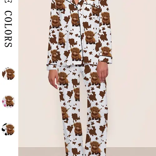 [Highland Cattle] Women's Cartoon Cow Animal Print Pajama Set, Long Sleeve Top & Elastic Waistband Pants, Comfortable Loungewear Sets for Fall Winter Wear