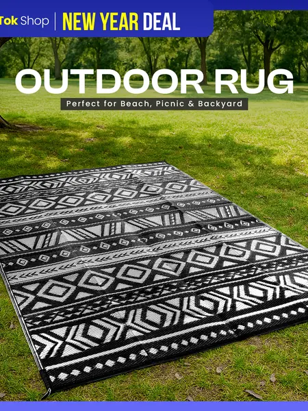 Utopia Home Waterproof Plastic Straw Outdoor Rug - All-Weather Bi-Color Reversible Rug for Patio/Camping Outdoor Areas, 6x9ft & 9x12ft Sizes in Black & White, Grey, Navy - Diamond Aztec Decor Piece