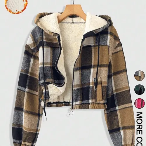 Women's Plaid Print Hooded Zipper Warm Lined Short Loose Fashionable Jacket, Long Sleeve Casual Outerwear, Fall & Winter Fashion Coat, Womenswear, Loose Hoodie Coat, Casual Style Outerwear