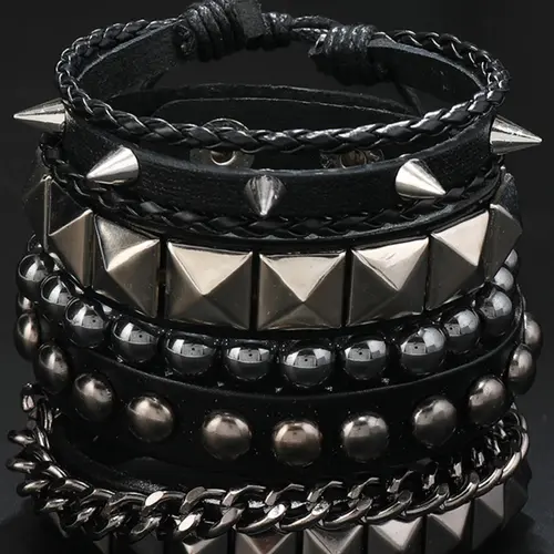 Punk Style Layered Leather Fashion Bracelet Set, Rivet Beaded Braided Details, Stackable Adjustable Bracelets for Party and Daily Wear, Trendy Versatile Jewelry Gift