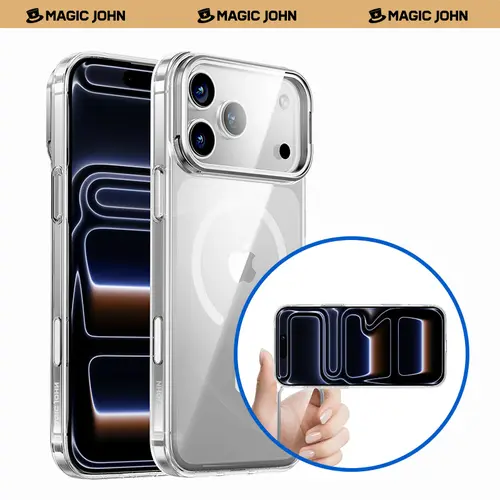 MAGIC JOHN Crystal Smartphone Case - Adjustable Camera Cover Stand, Handheld Cellphone Protection for iPhone 17/Air/16/15 Pro Max