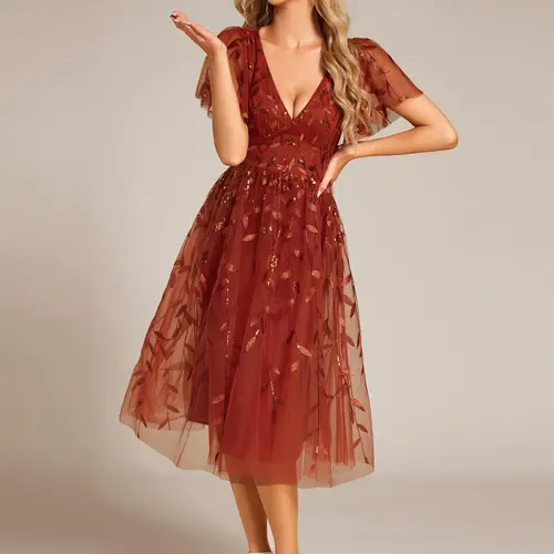 Ever-Pretty 2026 Spring dress ,Short Sleeves Leaf Sequin A-Line Midi Formal Wedding Guest Dress ,Formal dress,Evening Dress 02230