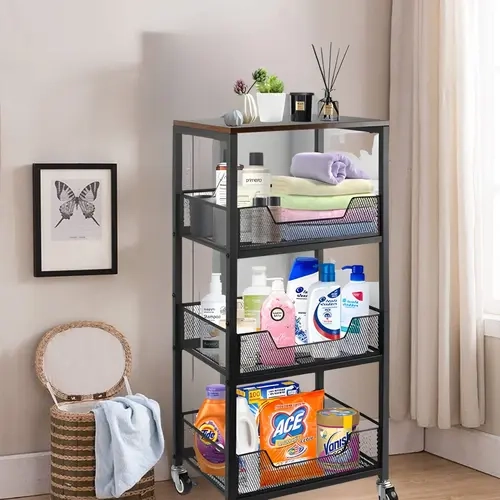 4-Tier Rolling Storage Organization Cart with Wood Top & Metal Frame, Mobile Kitchen Fruit Vegetable Basket Stand, Utility Organizer Trolley for Pantry, Office