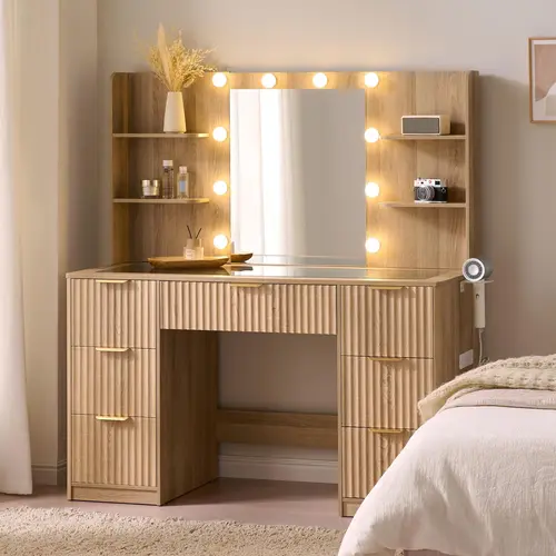 VanAcc 36.2/47.2" Fluted Vanity Desk with Mirror and Adjustable LED Lights, Large 4/7 Drawers Makeup Table with Glass Top and Charging Station for Women and Girls, Bedroom or Dorm #SohoChic